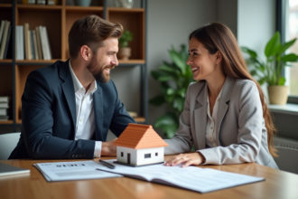 Couple d'adultes en réunion d'affaires immobilières