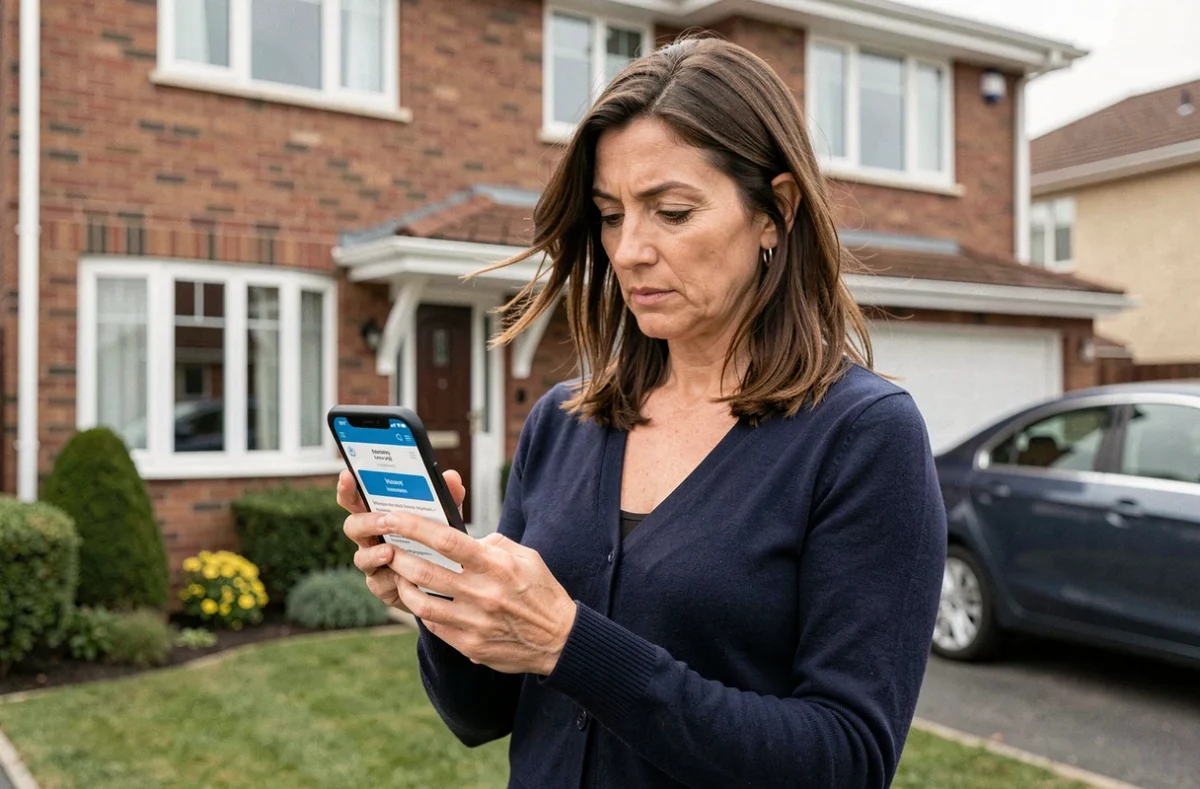 Propriétaire consultant un devis assurance habitation sur smartphone devant sa maison