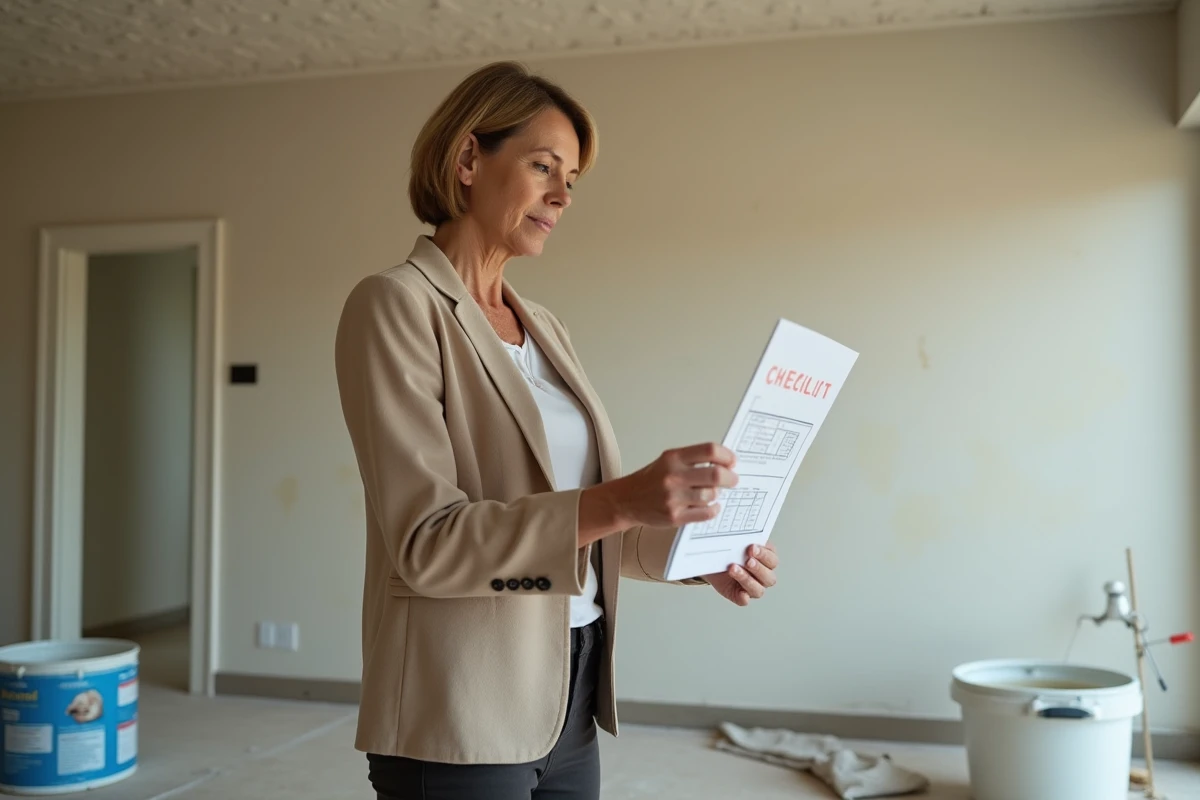 Propriétaire inspectant un appartement meublé en travaux après le départ du locataire pour évaluer la caution