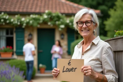 Propriétaire particulière devant sa petite maison avec jardin à louer dans le Gers, tenant une pancarte À Louer manuscrite