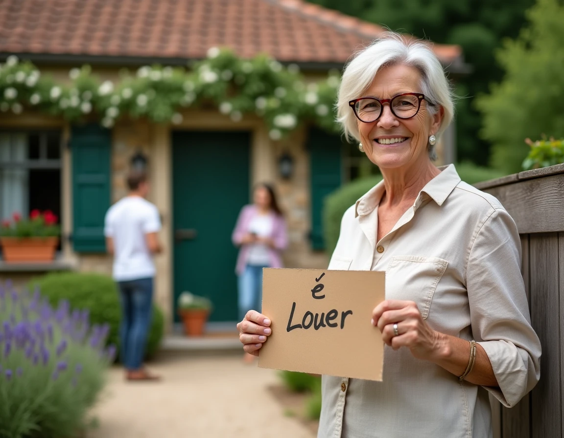 Propriétaire particulière devant sa petite maison avec jardin à louer dans le Gers, tenant une pancarte À Louer manuscrite