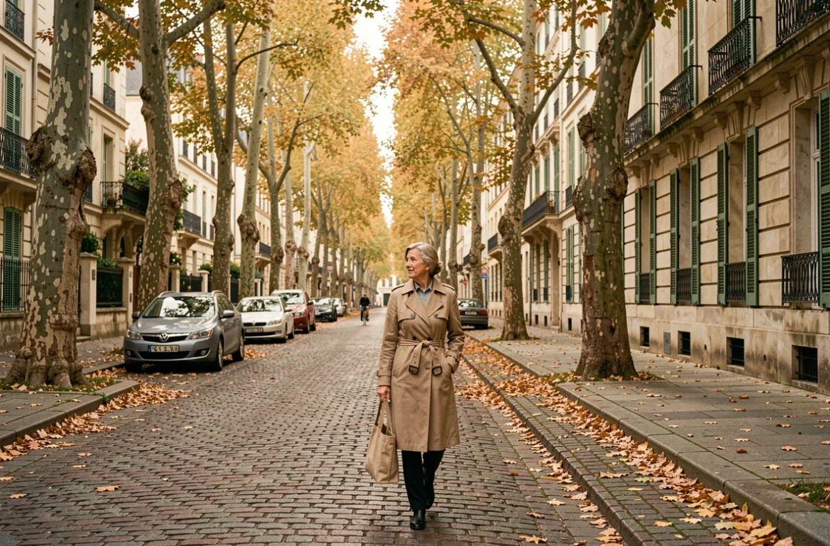 Rue calme et arborée du quartier résidentiel de Saint-Germain-en-Laye en automne avec une femme se promenant sur le trottoir