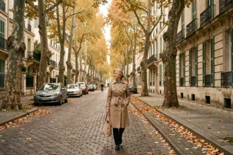 Rue calme et arborée du quartier résidentiel de Saint-Germain-en-Laye en automne avec une femme se promenant sur le trottoir