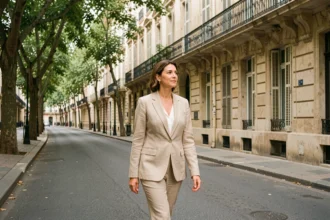 Femme élégante se promenant dans un quartier chic et calme de Marseille avec des immeubles haussmanniens en arrière-plan