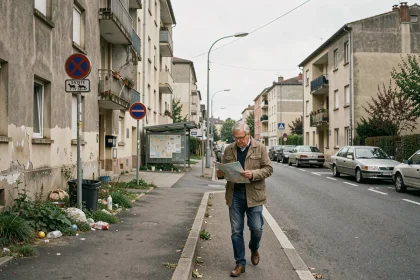 Rue d'un quartier sensible d'Alès avec immeubles vieillissants et homme consultant une carte