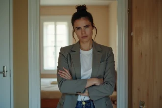 Femme mesurant une petite chambre de moins de 9m2 dans un logement locatif, exprimant une inquiétude face aux normes de surface habitable