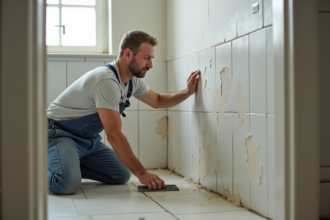 Homme réparant un mur humide dans une salle de bain