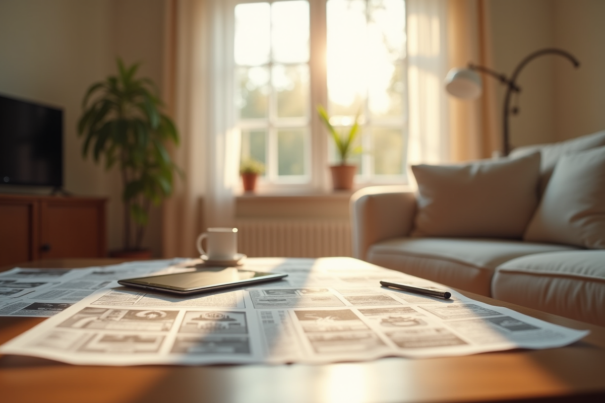 Salon cosy avec tablette et papiers pour rechercher un appartement