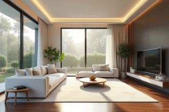 Salon moderne avec grandes fenêtres lumineuses et portes sleek