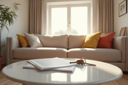 Salon lumineux avec mobilier moderne et clés sur la table