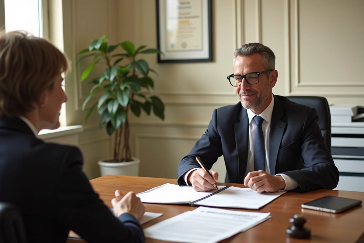 Clients signant un acte de succession immobilière devant un notaire dans une étude notariale française