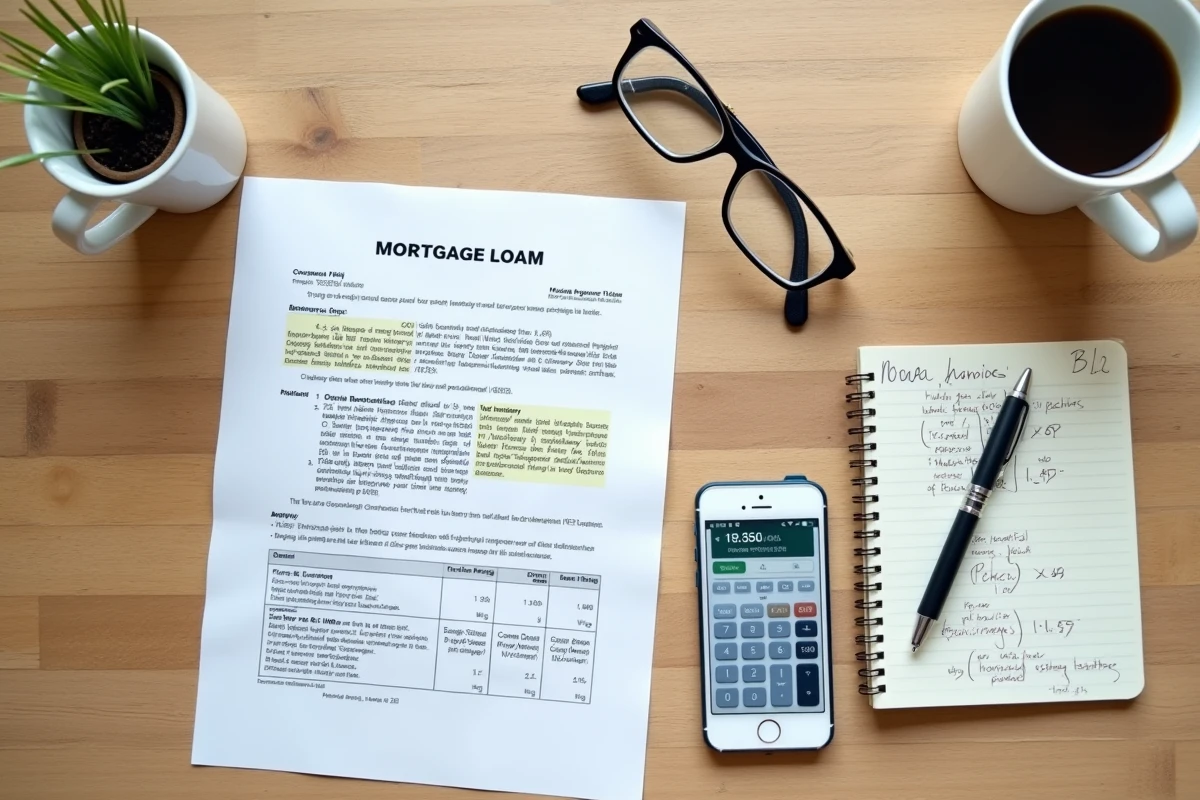 Vue aérienne d'une simulation de pénalités IRA sur smartphone et documents de prêt immobilier