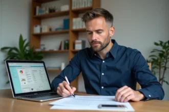 Homme consultant un contrat de prêt immobilier avec simulation IRA sur ordinateur portable