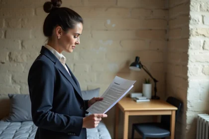Femme tenant un contrat de location dans un studio parisien de petite surface avec kitchenette et murs en pierre