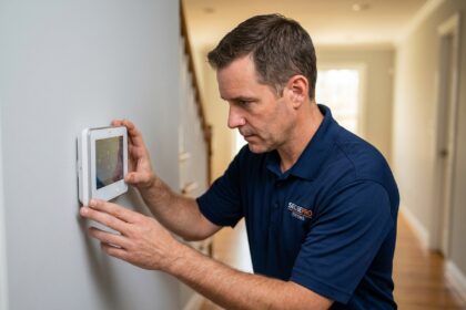 Technicien inspectant un panneau de contrôle d'alarme domestique moderne dans un couloir résidentiel