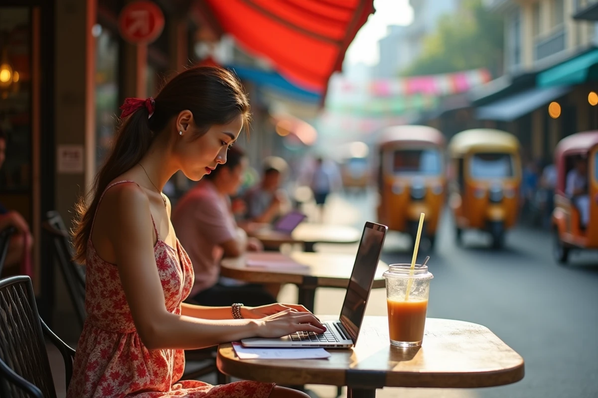 Jeune femme en télétravail dans un café de rue animé en Thaïlande entourée d'un marché local coloré