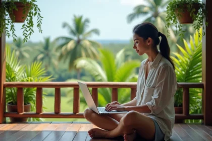Femme en télétravail sur une terrasse en bois entourée de végétation tropicale en Thaïlande avec un ordinateur portable