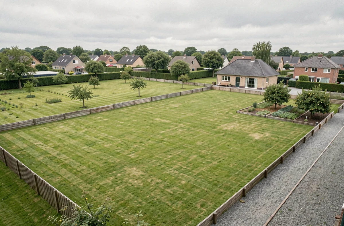 Vue aérienne d'un terrain de 15 ares soit 1500 m2 avec pelouse et jardin résidentiel en zone pavillonnaire