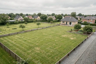 Vue aérienne d'un terrain de 15 ares soit 1500 m2 avec pelouse et jardin résidentiel en zone pavillonnaire