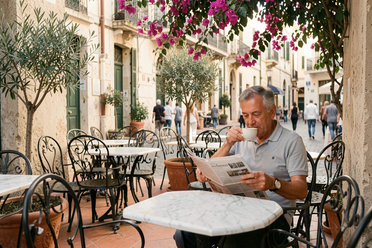 Terrasse de café paisible dans un quartier résidentiel huppé de Marseille avec bougainvilliers et mobilier en fer forgé