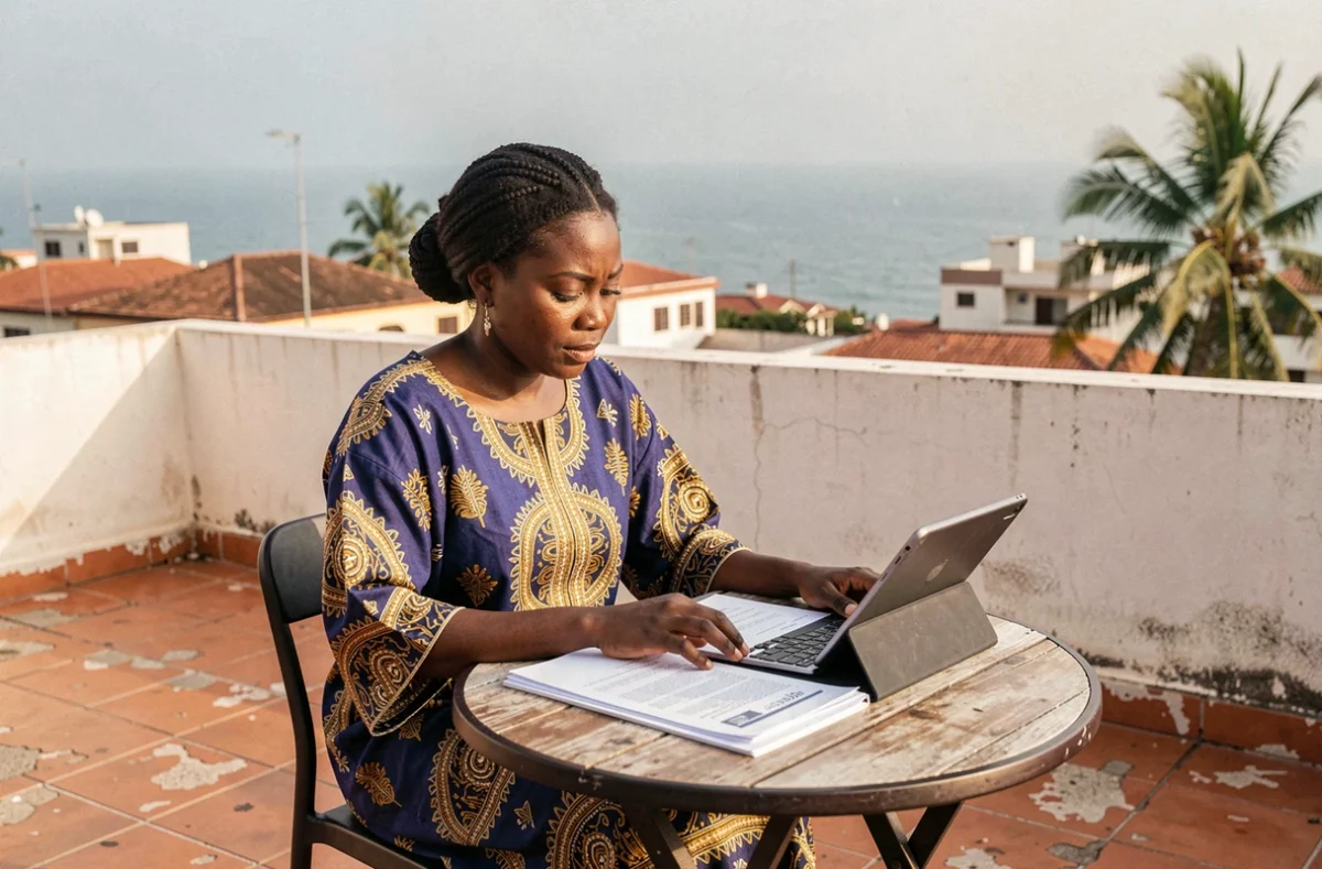 Femme sénégalaise consultant des documents immobiliers sur un rooftop avec vue sur la mer à Dakar