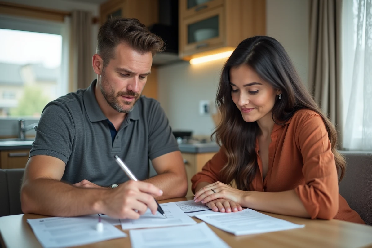 Couple vérifiant les garanties et documents lors d'un rachat de mobil home à l'intérieur du logement