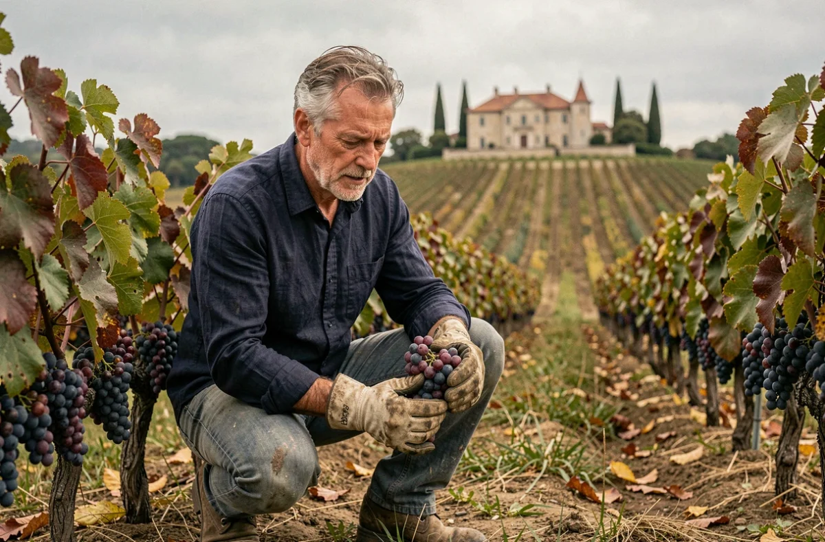 Vigneron bordelais examinant des grappes de Cabernet Sauvignon dans un vignoble en automne avec un château en arrière-plan