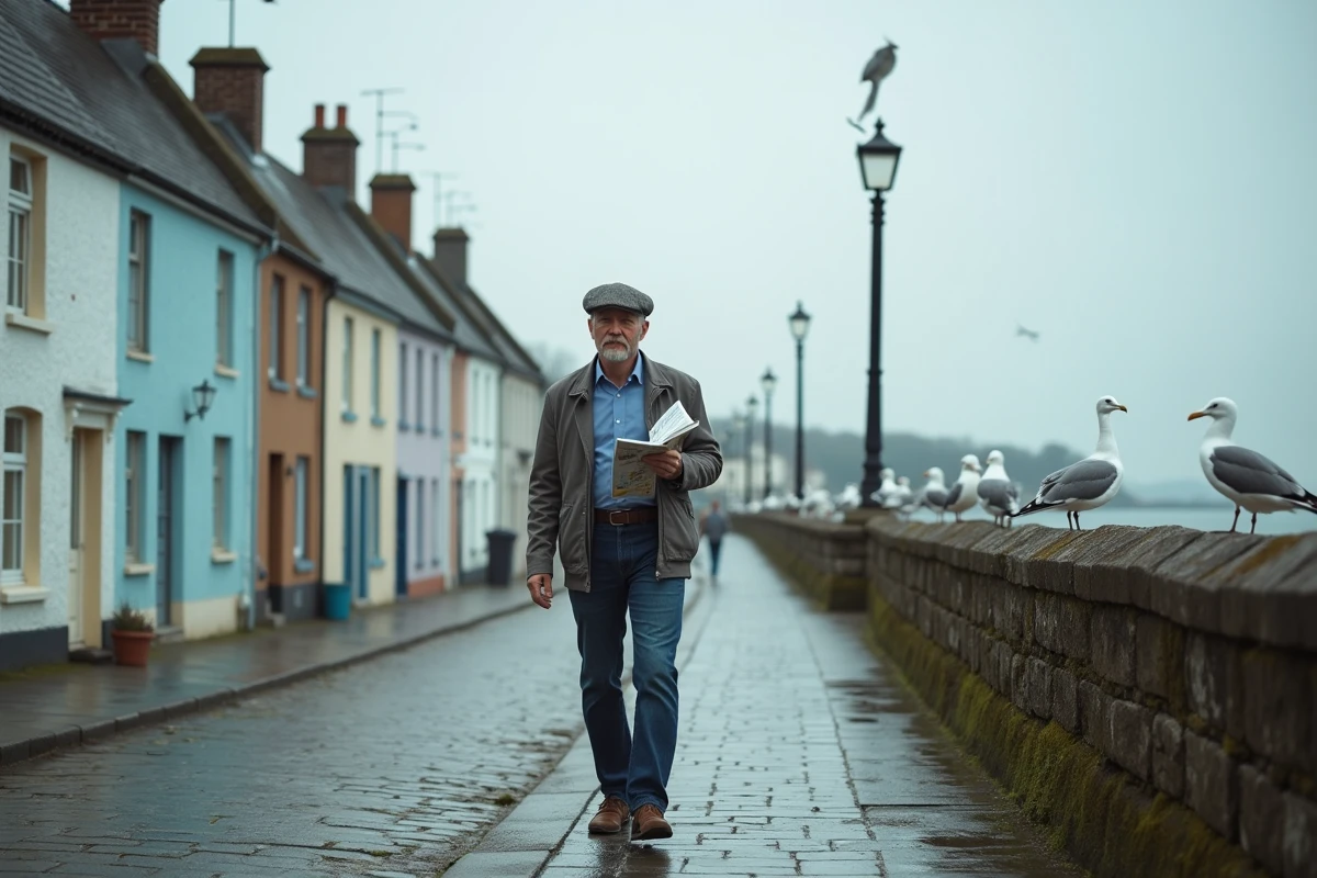 Homme se promenant dans un village normand côtier abordable avec des brochures immobilières à la main