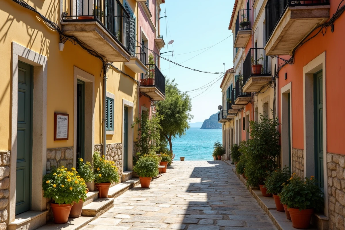 Ruelle d'un village de pêcheurs méditerranéen avec maisons colorées à vendre et aperçu de la mer au fond