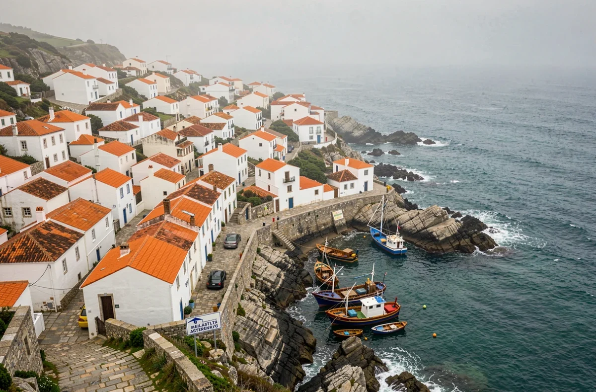 Vue panoramique d'un village de pêcheurs portugais sur le littoral atlantique avec petites maisons blanches et bateaux dans le port