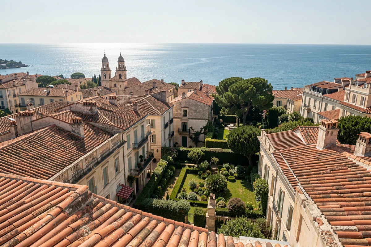 Vue panoramique sur les toits d'un quartier résidentiel huppé et calme de Marseille avec la mer en arrière-plan